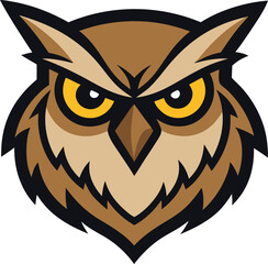 Fierce owl mascot head with intense yellow eyes
