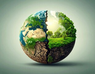 Fictional 3D Earth split into two halves: one lush and green, the other cracked and barren.