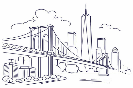 New york city skyline with brooklyn bridge and freedom tower sketch