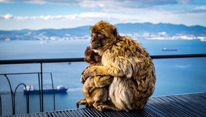 Monkeys embrace overlooking the sea