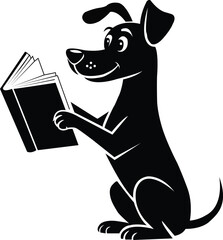 Happy cartoon dog character reading an open book silhouette vector art on white background
