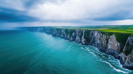 Dramatic coastal cliffs with stunning turquoise waters under a cloudy sky create a beautiful landscape.