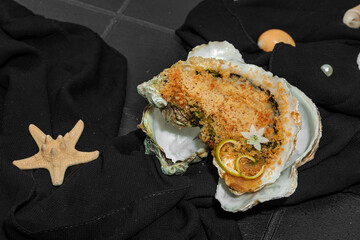 Gourmet baked oyster with herbs and cheese. Elegant seafood dish, coastal culinary delight