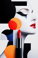 This striking beauty portrait showcases a woman with bold red lipstick and abstract geometric elements.