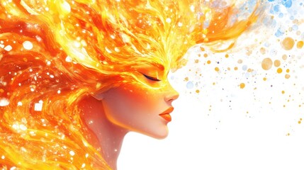A woman with fiery hair and closed eyes glows in a dreamlike artistic portrait.