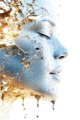 Artistic depiction of a face with golden and silver liquid elements, portraying beauty and transformation.