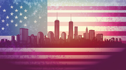 Obraz premium American Flag with Skyscrapers Silhouette at Sunset. Banner for American Patriot Day. PatriotDay 9.11. September 11 banner