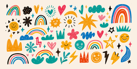 Cute Rainbow Sun & Cloud Doodle Clipart Set