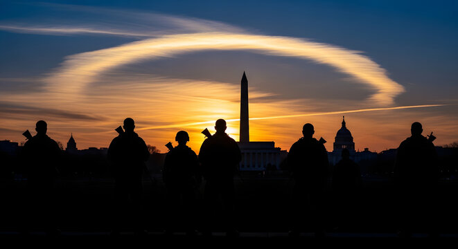 The silhouette of soldiers guarding the Washington D.C. skyline at sunset creates a powerful image of national security and vigilance.