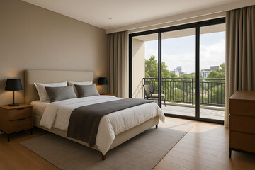 Elegant bedroom interior design featuring balcony access and natural light