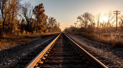 Fototapeta premium Railroad tracks extending into a golden autumnal landscape.