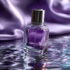 Elegant glass perfume bottle with purple liquid on reflective surface