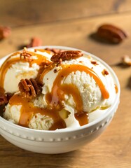 Creamy vanilla ice cream topped with caramel sauce and pecans