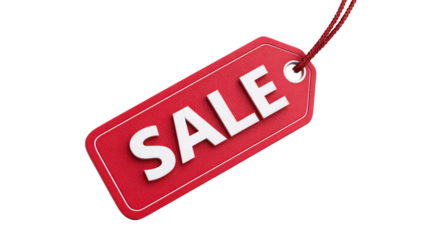 Red sale tag with white text hanging from a string, isolated on white.