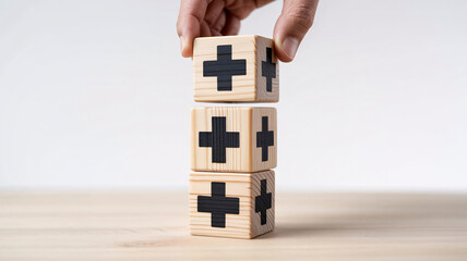 Building positive momentum with stacked wooden blocks featuring prominent plus signs