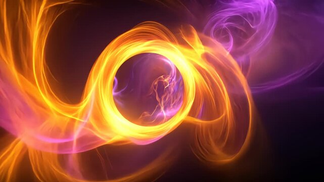 An abstract swirling vortex of vibrant flames, transitioning from fiery orange to deep purples