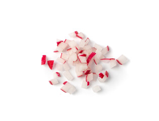 Chopped Radis Roots Isolated, Red Radish Root Cuts, Diced Red Radishes Pile, Sliced Radis on White...