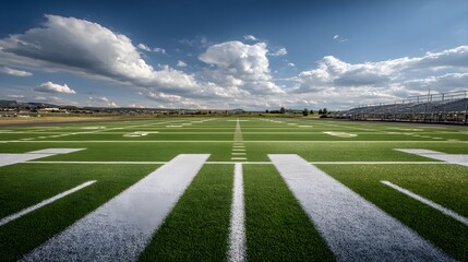 Expansive football field under a partly cloudy sky.