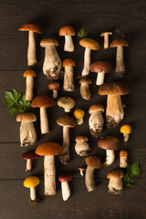 Various edible mushrooms are lying on a brown wooden table
