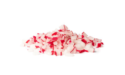 Chopped Radish Roots Isolated, Red Root Cuts, Diced Red Radishes Pile, Sliced Radis on White...