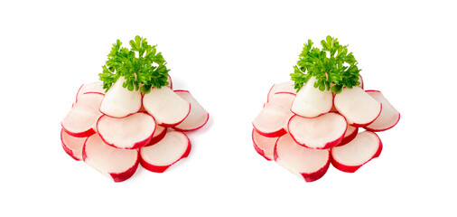 Sliced Radish Roots Isolated, Red Root Round Cuts, Red Radishes Slice Pile, Radis Cross Sections on...