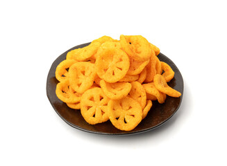 Corn puff snack isolated, crunchy cereal nosh, crispy yellow rice breakfast with paprika