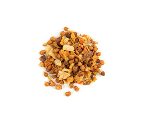 Dried vegetables mix with carrots, onion, parsnip and soy meat isolated. Dry food pieces for...