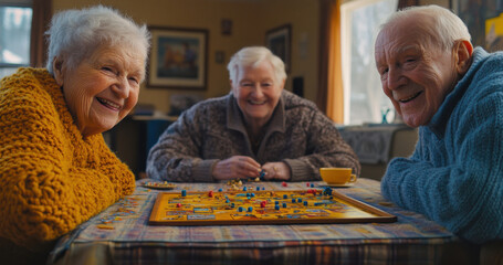 Happy seniors Playing Board Games Together in Nursing Home Common Room With Laughing Faces and Snacks Nearby