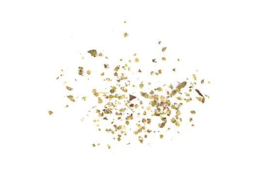 Dry thyme isolated, dried marjoram, oregano pile, ground crushed thyme seasoning, thyme leaves