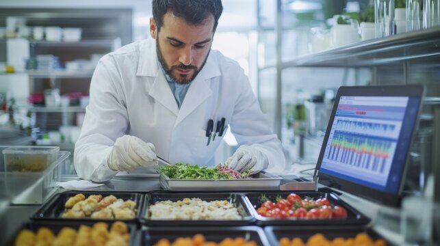 Scientist in lab surrounded by data on emissions and food waste, highlighting food system change as climate solution