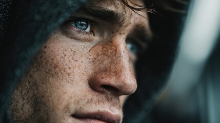 Obraz premium A close-up portrait of a person with striking blue eyes and a complex of freckles, exuding raw emotion.