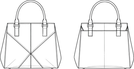 Technical Handbag Sketch, Front and Back View, Geometric Design, Stitching Details, Structured Tote, Fashion Accessory, Bag Illustration