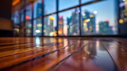 Obraz premium Wooden floor reflecting city lights through a large window at dusk