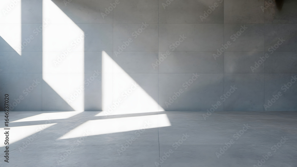Poster sunlight casting geometric shadows on a gray wall and floor in an empty minimalist room creating con