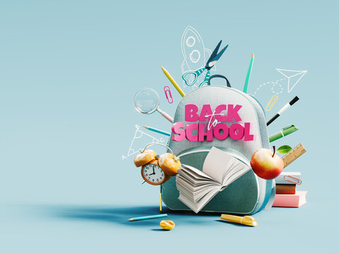 Blue backpack with alarm clock and school equipment. Back to school concept on green background with copy space. 3D Rendering, 3D Illustration