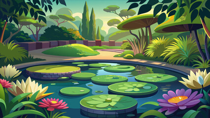 Delicate ripples dance around emerald leaves, as soft breezes carry the scent of blooming flowers, embracing the pond’s serene charm in a semi-realistic harmony of color, light, and life.