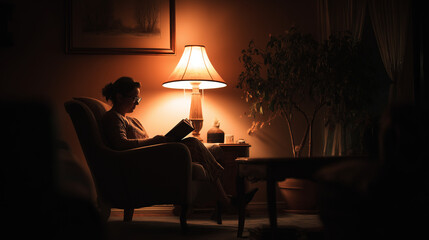 ai cozy evening reading session with warm lamp light illuminating the room and creating a serene atmosphere