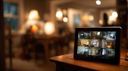 Modern smart home security system is displaying multiple real time camera feeds on digital tablet computer placed on wooden table in blurred living room at night