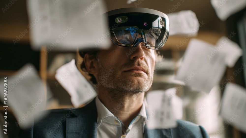 Poster businessman utilizing an ar headset is engaging with floating documents in a dynamic augmented reali
