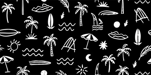 Black and White Summer Beach Seamless Pattern