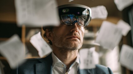 Businessman utilizing an ar headset is engaging with floating documents in a dynamic augmented reality workspace, blending technology and innovation in a futuristic office setting
