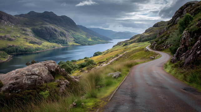 ai serene winding road along a tranquil loch surrounded by lush hills in the Scottish Highlands on a cloudy day - Powered by Adobe
