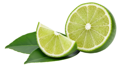 Isolated sliced lime fruit with leaves on white background