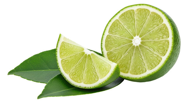Isolated sliced lime fruit with leaves on white background