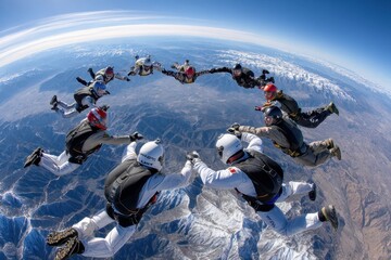 Skydivers perform synchronized formation at high altitude over snow-capped mountains