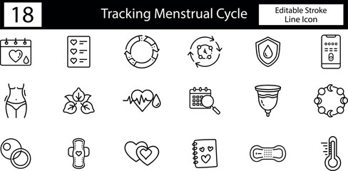 Set of 18 editable line icons for tracking menstrual cycle and women's health, including calendar, body silhouette, period cup, thermometer, and heart rate symbols on transparent background