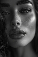 Fototapeta premium A stunning young woman with perfect smooth skin, high cheekbones, full lips slightly parted, intense expressive eyes with long lashes, black and white, hair strands slightly messy framing the face