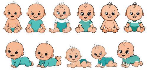Diverse Baby Collection - Cute Multicultural Infants Sitting and Crawling Vector Set