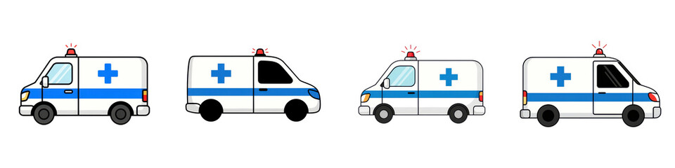 Ambulance van with medical cross and emergency lights in four side views, showing readiness and urgent care for health emergencies