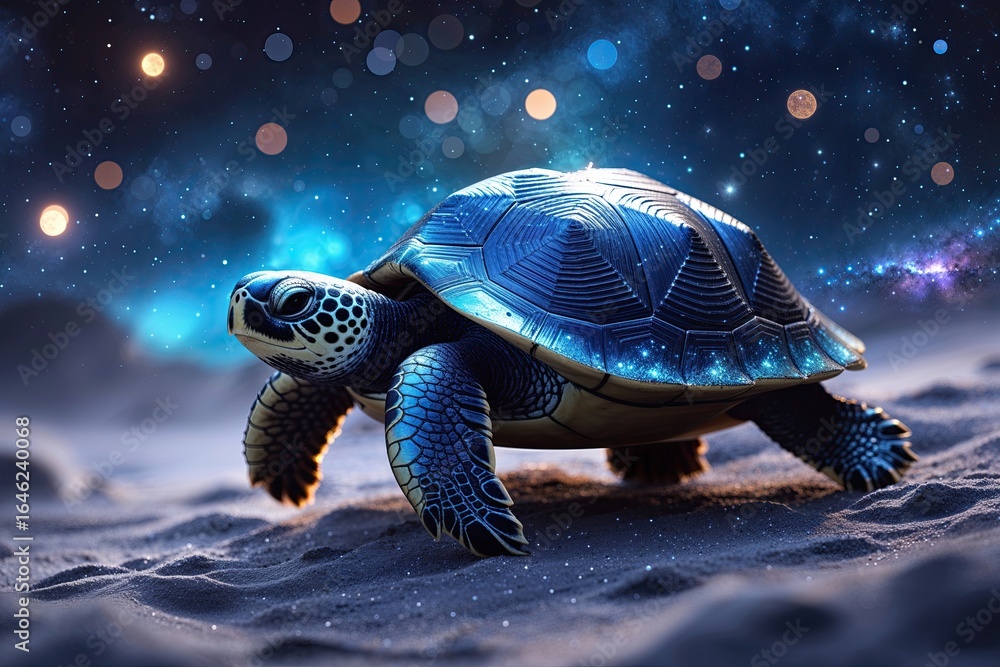 Poster a mystical dark blue sparkling turtle journeying in outer space with an enchanting interstellar back